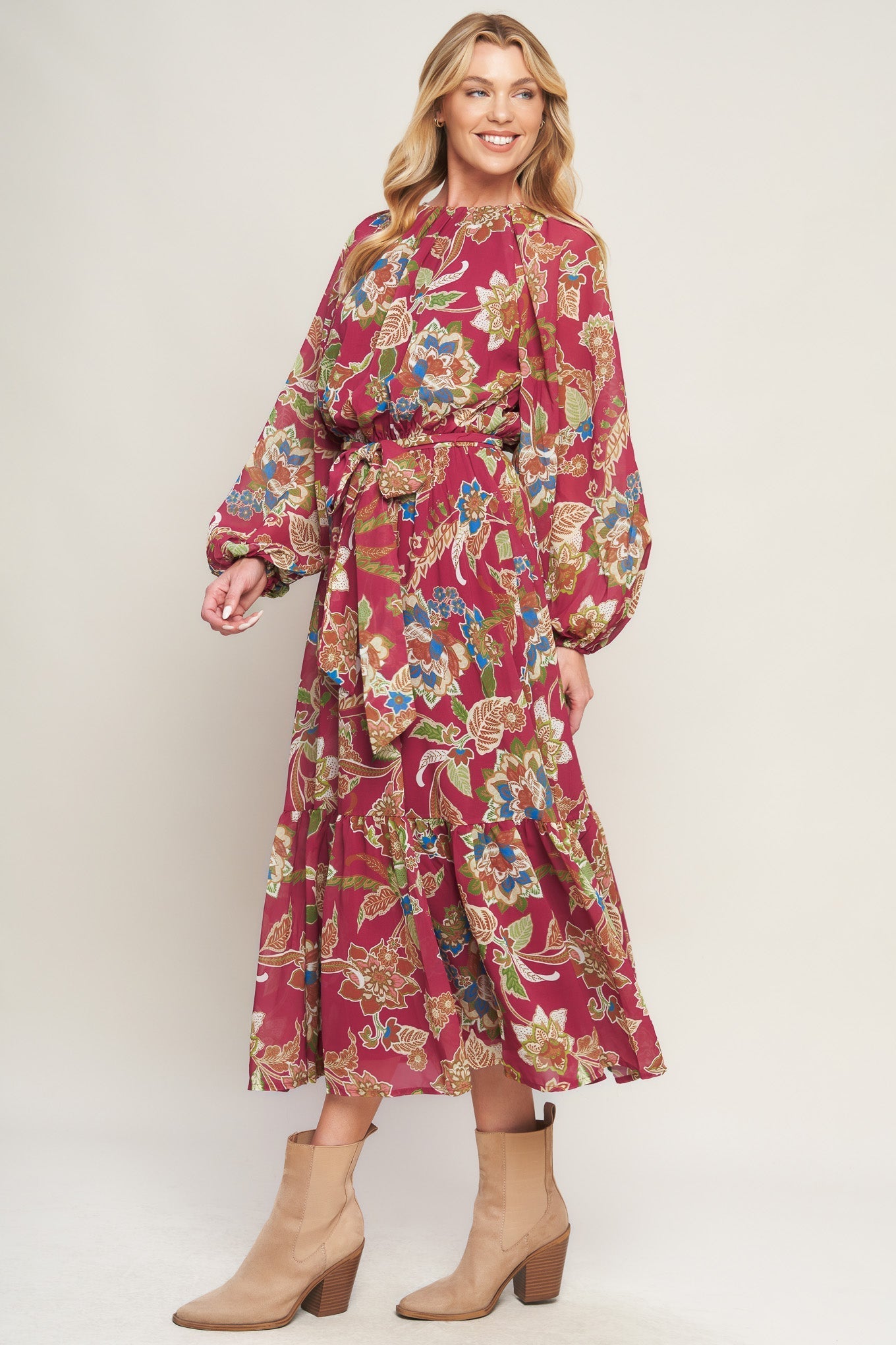 FLORALLY CHIC WOVEN MIDI DRESS Flying Tomato